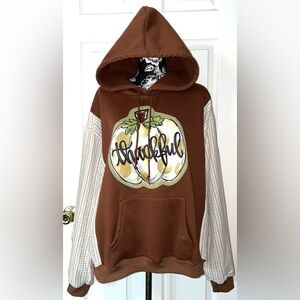 “Thankful” White & Gold Pumpkin Chestnut Brown Pullover Hoodie Flannel Arms